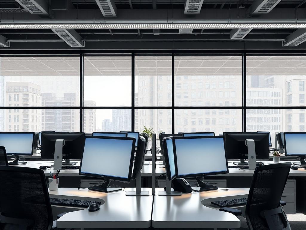Open-plan office with controlled daylight and no screen glare