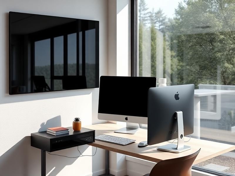 Home office desk beside a tinted window with no screen glare