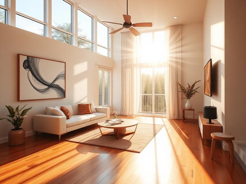Sunlit living room with hardwood floors protected from UV fading