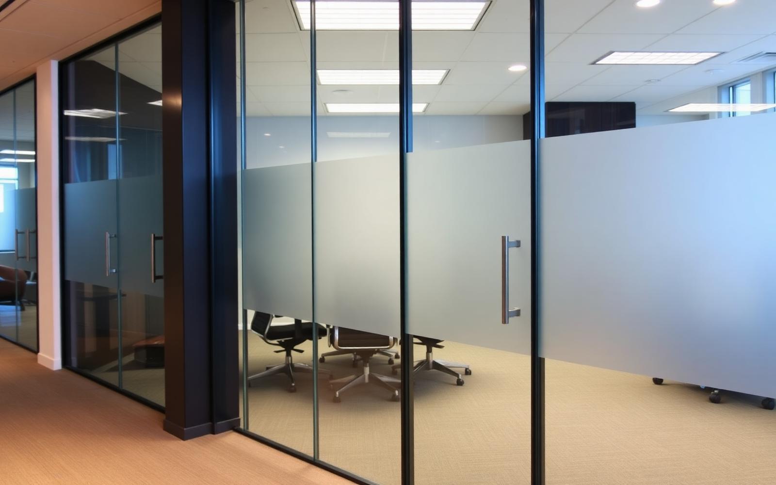 Office glass partition with frosted privacy graphics